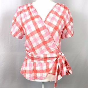 Max Studio Top Plaid Pink Wrap Peplum Coral Pink M